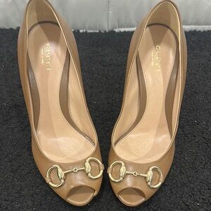 Gucci Tan Peep Toe Heels with Gold Accents